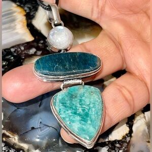 Crystal Pairing Blue Apatite, Amazonite & Moonstone Pendant 3”